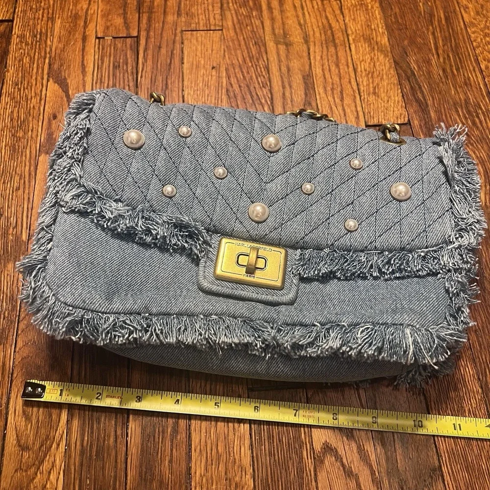 Karl Lagerfeld Paris Denim Shoulder Bag Quilted Pearl Chain Fringe Handbag Blue